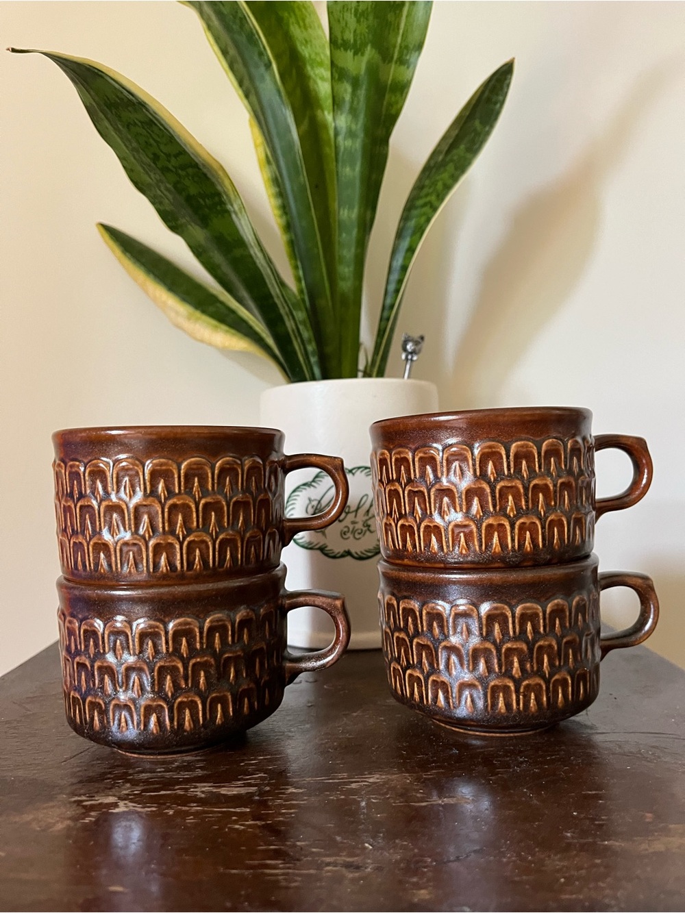 Set of Four MidCentury Wedgwood Pennine Brown Stoneware Teacups